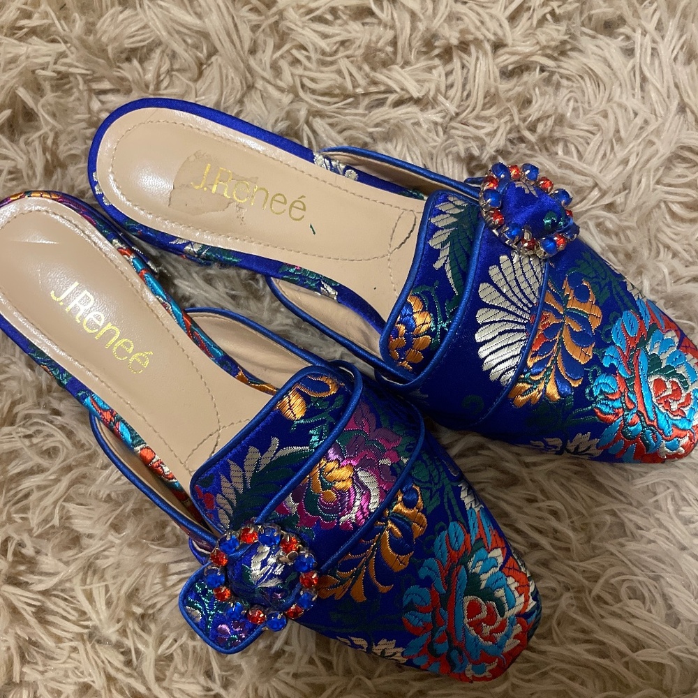 Blue jewel brocade oriental mules